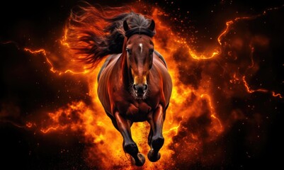Fototapeta premium Horse running in the fire with flames on a black background.