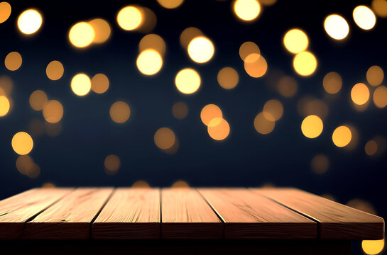 Empty wooden table top with defocused bokeh Christmas Fair lights background. Template for product display.