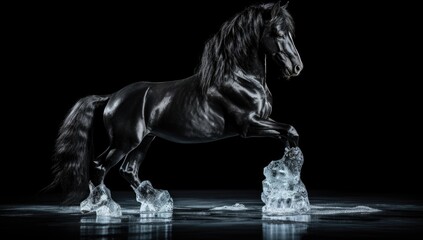 Running black horse on ice on black background