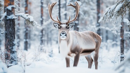 Naklejka na ściany i meble This is a photo of a reindeer in Lapland, Finland during the winter. 
