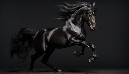 Obraz na płótnie Canvas Beautiful black stallion with long mane running on dark background