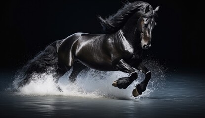 Black stallion gallops in the snow on a black background.