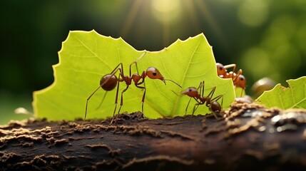 Three leafcutter ants (atta cephalotes) carrying leaves, close-up
 - obrazy, fototapety, plakaty