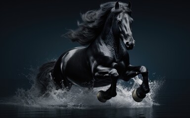 Obraz na płótnie Canvas Black horse with long mane galloping in water on dark background