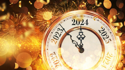 Vintage gold clock New Year 2024 with confetti, golden bokeh lights and fireworks. New Year 2024 card, creative idea.
