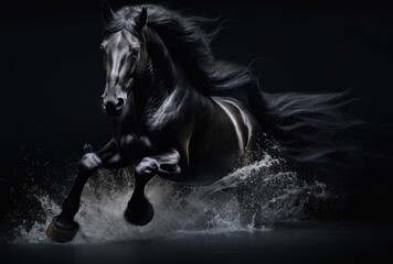 Obraz premium Black horse with long mane galloping in water on dark background