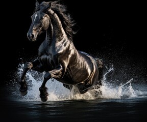 Obraz na płótnie Canvas Black horse with long mane galloping in water on dark background