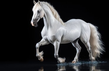 White horse with long mane in dust on black background.