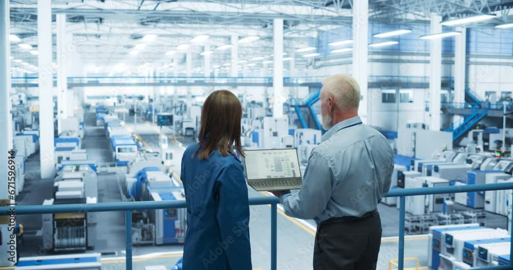 Aufkleber Two Multiethnic Engineers Standing on a Platform, Using Laptop Computer at an Electronics Factory. Machines are Undergoing Maintenance, Specialists Monitoring the Progress Through Online Software