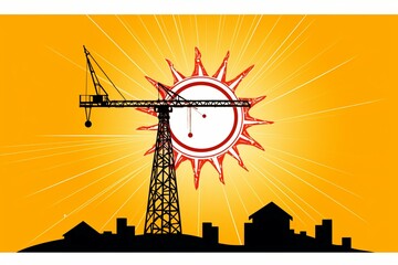 outline of building crane with star-shaped sun. Generative AI