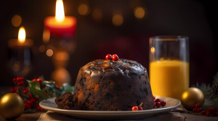  Traditional festive dessert.Christmas pudding on the table with blurred light background.