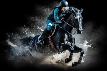 Jockey riding a black horse in dust on black background with spray