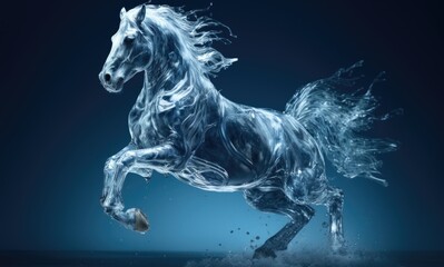 Ice sculpture of horse in dynamic pose. Beautiful horse ice figure. Horse with splashes of water on a blue background