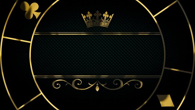 Luxury gold poker chip and crown on title border background. Black abstract text banner. Blank vip backdrop with golden frame and poker card suits. Copy space for grand casino royal logo or title text