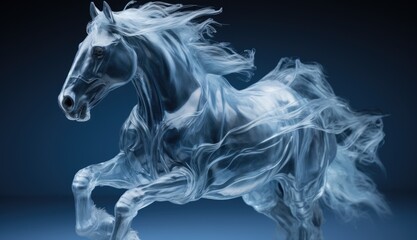 White horse with long mane on blue background. Wind horse spirit. Ice horse silhouette in dynamic pose.