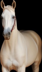 Portrait of white horse on black background.