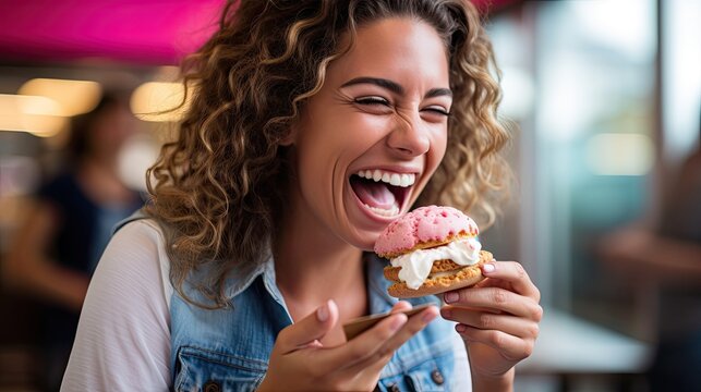 Woman eating ice cream sandwich.
