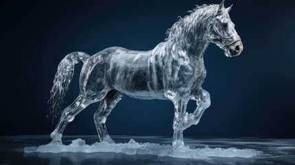 Ice sculpture of horse in dynamic pose. Beautiful horse ice figure.