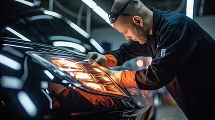 Workers are polishing car lights in factory

