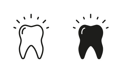 Glow Healthy Tooth Silhouette and Line Icons Set. Medical Teeth Whitening Pictogram. Dental Hygiene, Shiny Tooth. Dental Treatment Black Symbol Collection. Isolated Vector Illustration