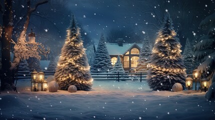 Christmas time in rural countryside village with fir tree decorated with string lights, Generative...