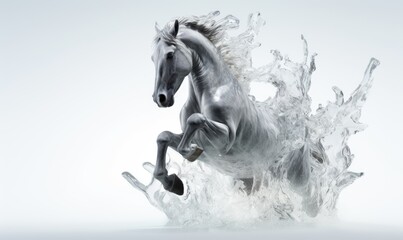 Obraz na płótnie Canvas White horse with flying hair and splashes of water on white background. Frozen water splashes on background. Horse in dynamic pose.