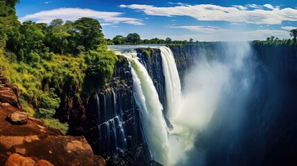 Zimbabwe side of Victoria Falls, (Mosi-oa-Tunya). Victoria Falls is a waterfall of 355ft (109m) on the Zambezi River on the border of Zambia and Zimbabwe in Southern Africa.
 - obrazy, fototapety, plakaty