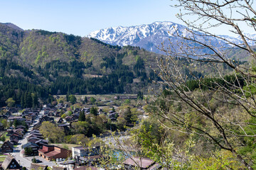 Shirakawa go, Japan: Panoramic high level view over village with rice fields and farmhouses with...