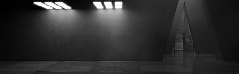 Futuristic corridor. Concrete. Spotlighting. Showroom. Concrete background illuminated by spotlights. Futuristic background. Garage. LED lights. Hangar. 3D rendering