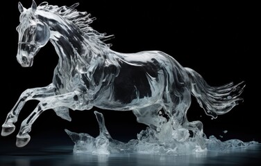 Ice sculpture of horse in dynamic pose. Beautiful horse ice figure.