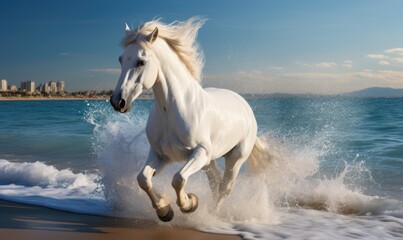 White horse running on the beach and splashing water in the sea