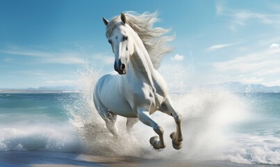 Obraz na płótnie Canvas White horse galloping on the beach in the sea with splashes