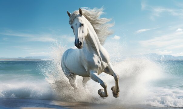 White horse galloping on the beach in the sea with splashes