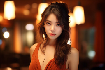 Obraz premium portrait of an asian woman with low-cut dress in a luxurious restaurant.