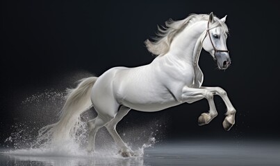 Obraz na płótnie Canvas White stallion with long mane galloping on black studio background