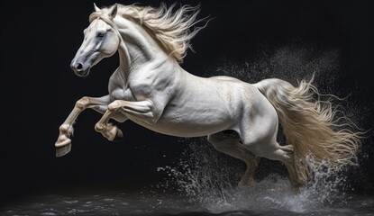 White horse with long mane galloping in dust. Fantasy image.