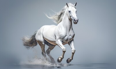 White horse running in the water on a gray background.