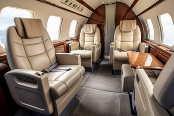 Interior of luxurious private jet. Generative AI.