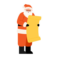 Happy Santa Claus character reading Christmas wish list. Old man with glasses reads big letter. Vector illustration in flat style on white background