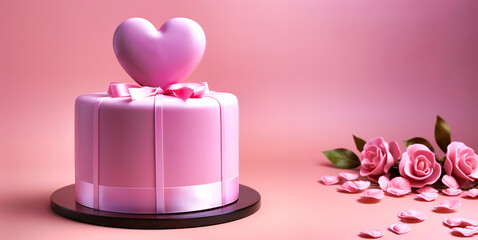 Pink cake with a heart next to a bouquet of flowers and copy space. Perfect for valentine's day. Generative AI.