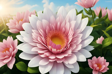 White and Pink colorful flower background walpaper HD 4k with sunset