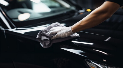 Hand of a man detailing a car, cleaning a car with a microfiber cloth, automobile wash and valeting concept, modern vehicle hd