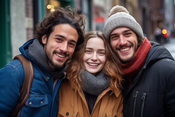 Three Friends Taking a Winter Selfie on the Street in Cold Weather - obrazy, fototapety, plakaty