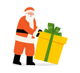 Santa Claus character pushes big gift box. Happy old man in red costume holding present with bow. Vector illustration in flat style on white background