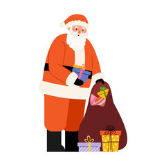 Santa Claus character putting presents in sack. Happy old man in red costume preparing Christmas gift boxes. Vector illustration in flat style on white background
