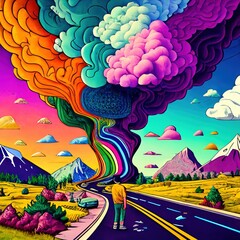 Abstract psychedelic neon cartoon of dream world background graffiti art