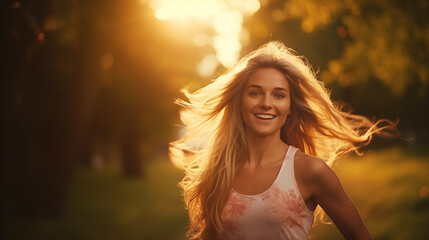 Close up of a woman running in park at sunset