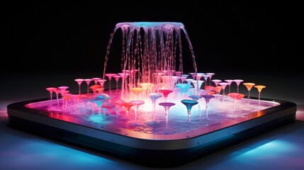 An illuminated LED fountain, colorful lights playing on water streams, positioned dramatically against a neutral white platform.