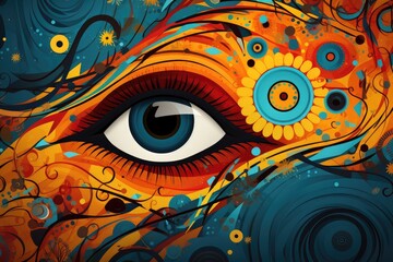 Eye of God. Colorful abstract background with eyes. Eye on abstract colorful background. Psychedelic design. Abstract background for January 8: Male Watcher’s Day.
