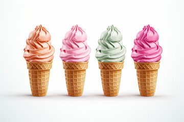 3d realistic Ice cream assorted different flavour on waffle cone. Milk soft dessert. Digital image for artwork design on neutral background 